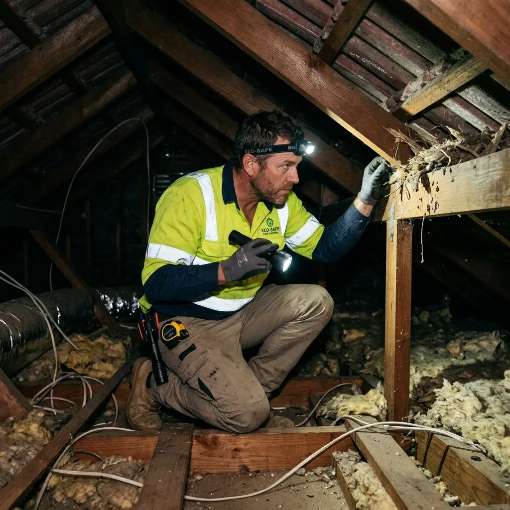 Technician inspecting a roof cavity for a dead animal in Beaconsfield Upper