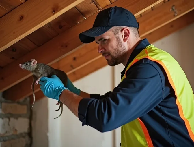 Technician inspecting a roof cavity for a dead rat in Beaconsfield Upper